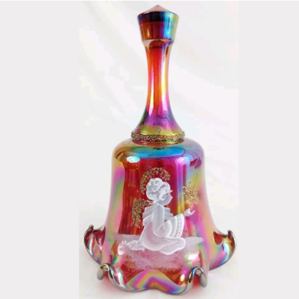 Fenton Red Carnival Glass Bell Hand Painted - Picture 1 of 8